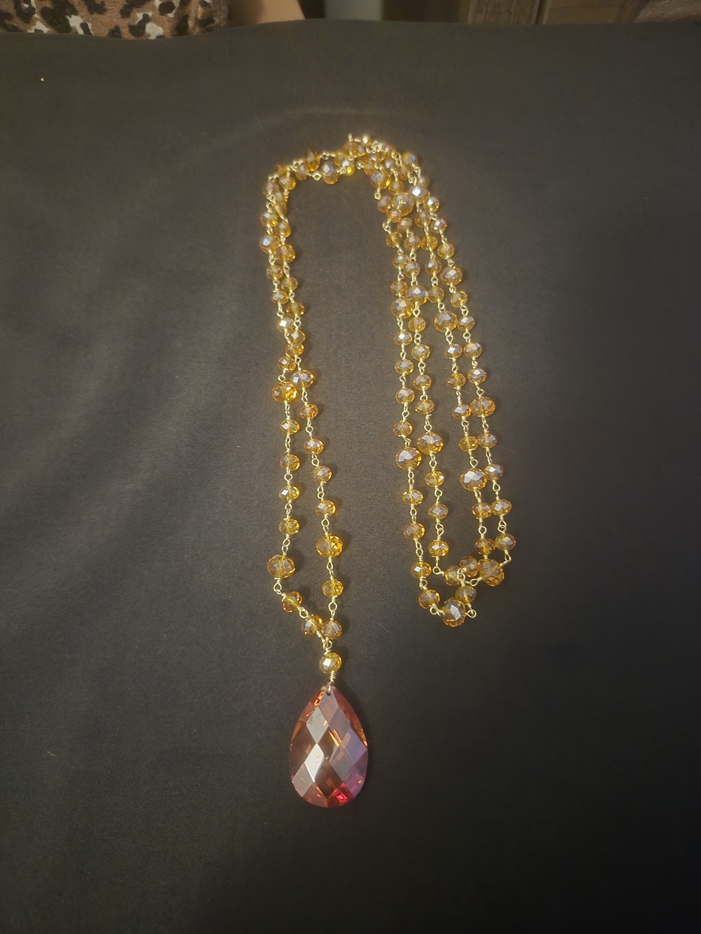 Gold-Tone Crystal Bead Necklace with Amber Teardrop Pendant